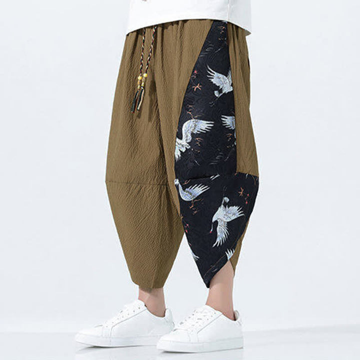 Buddha Stones Pantaloni harem da uomo estivi con coulisse, nappine e stampa gru - image 7