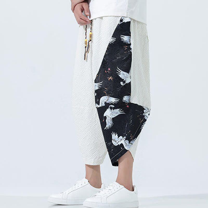 Buddha Stones Pantaloni harem da uomo estivi con coulisse, nappine e stampa gru - image 23