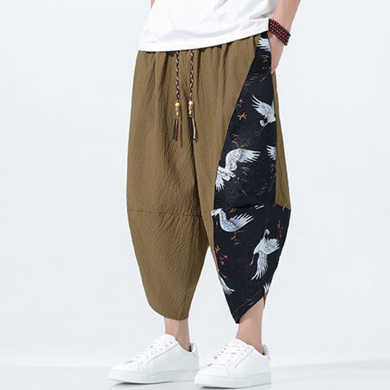 Buddha Stones Pantaloni harem da uomo estivi con coulisse, nappine e stampa gru - image 3