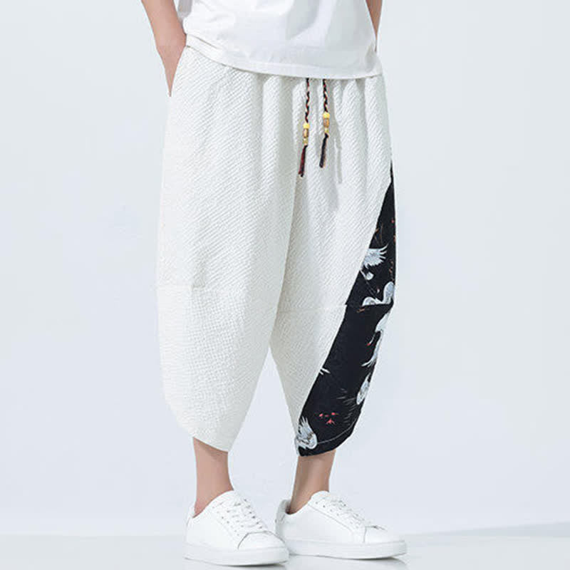 Buddha Stones Pantaloni harem da uomo estivi con coulisse, nappine e stampa gru - image 25