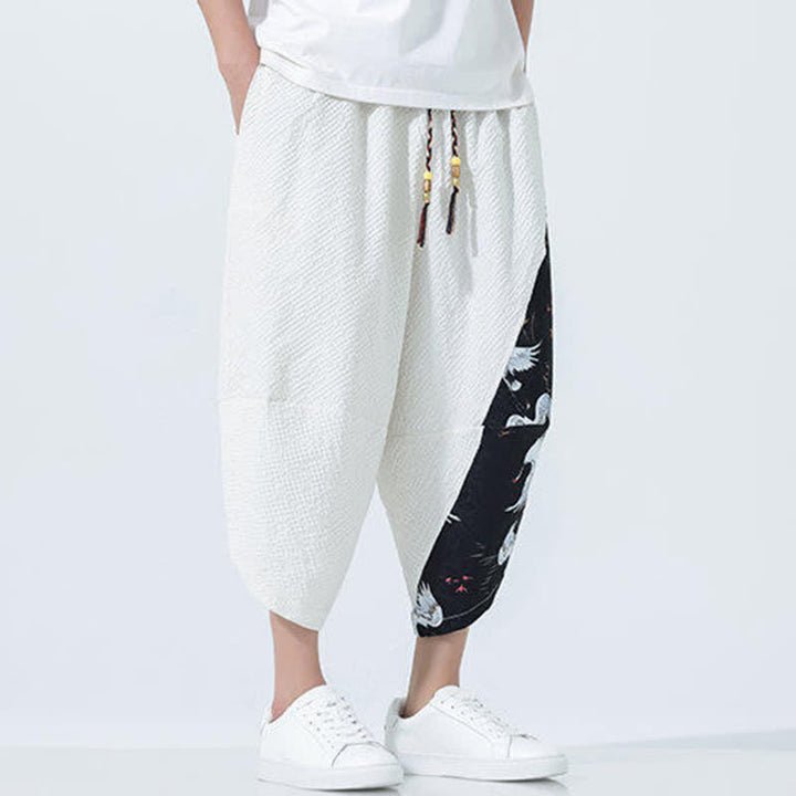 Buddha Stones Pantaloni harem da uomo estivi con coulisse, nappine e stampa gru - image 25