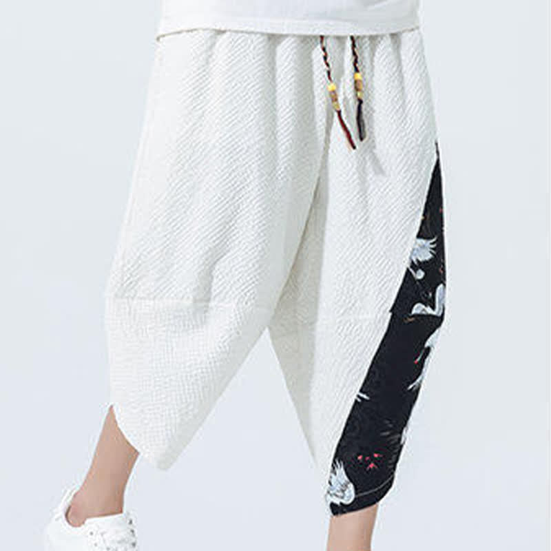 Buddha Stones Pantaloni harem da uomo estivi con coulisse, nappine e stampa gru - image 22