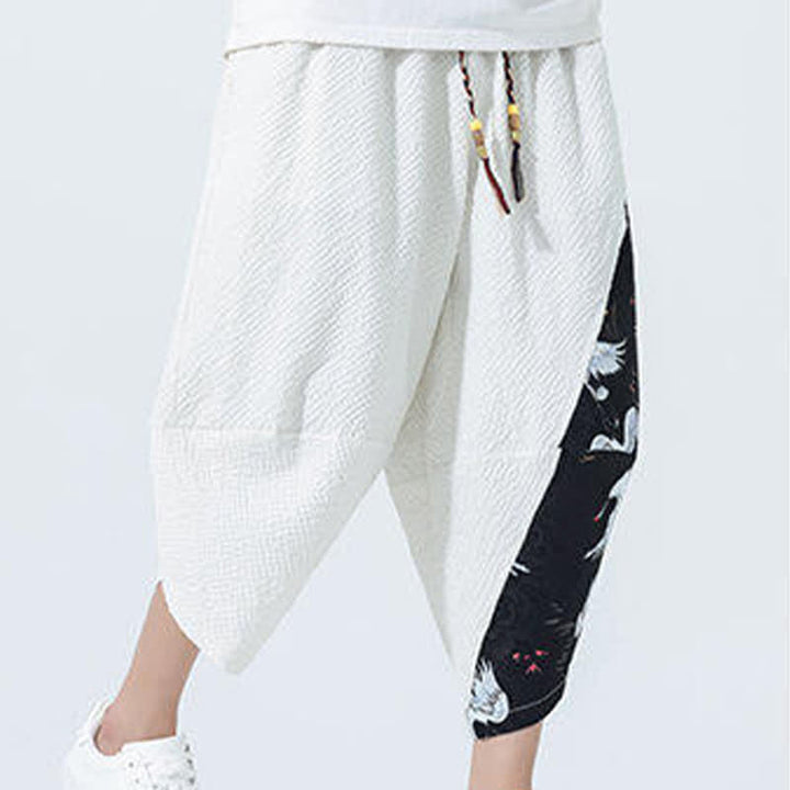 Buddha Stones Pantaloni harem da uomo estivi con coulisse, nappine e stampa gru - image 22