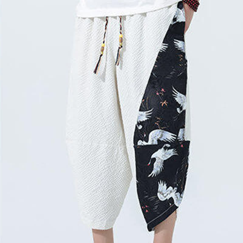 Buddha Stones Pantaloni harem da uomo estivi con coulisse, nappine e stampa gru - image 27