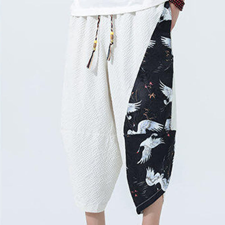 Buddha Stones Pantaloni harem da uomo estivi con coulisse, nappine e stampa gru - image 27