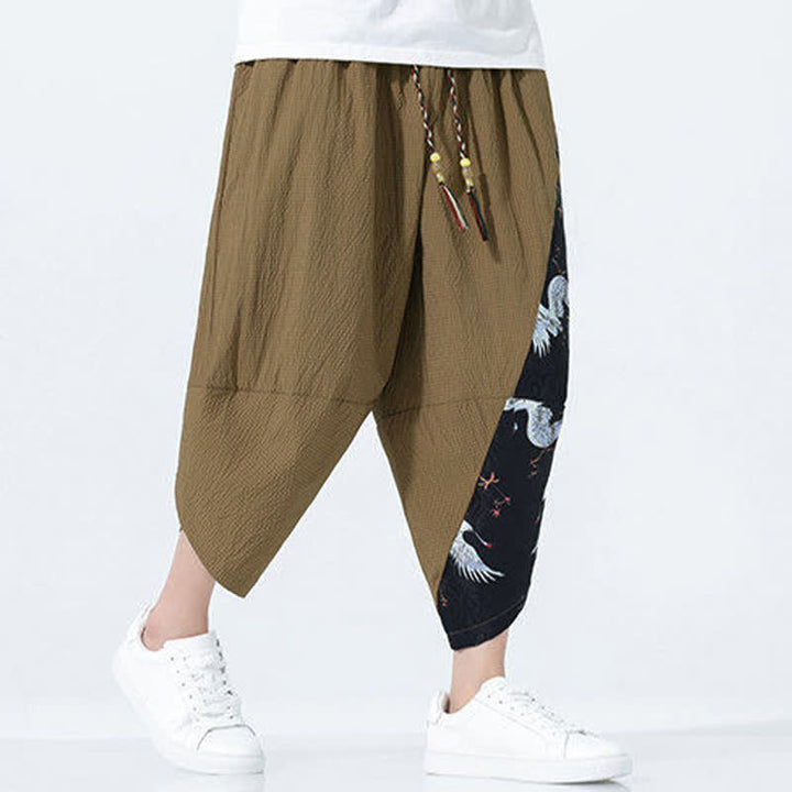 Buddha Stones Pantaloni harem da uomo estivi con coulisse, nappine e stampa gru - image 6
