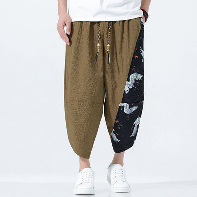 Buddha Stones Pantaloni harem da uomo estivi con coulisse, nappine e stampa gru - image 1