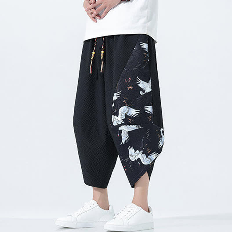 Buddha Stones Pantaloni harem da uomo estivi con coulisse, nappine e stampa gru - image 12