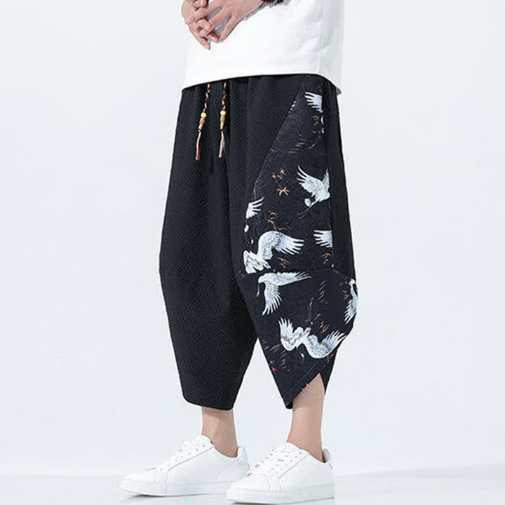 Buddha Stones Pantaloni harem da uomo estivi con coulisse, nappine e stampa gru - image 12