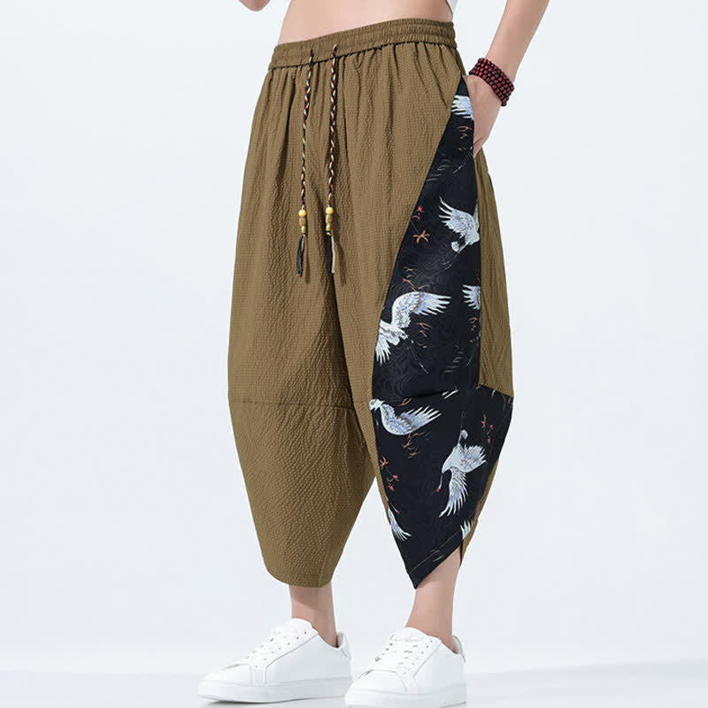 Buddha Stones Pantaloni harem da uomo estivi con coulisse, nappine e stampa gru - image 5