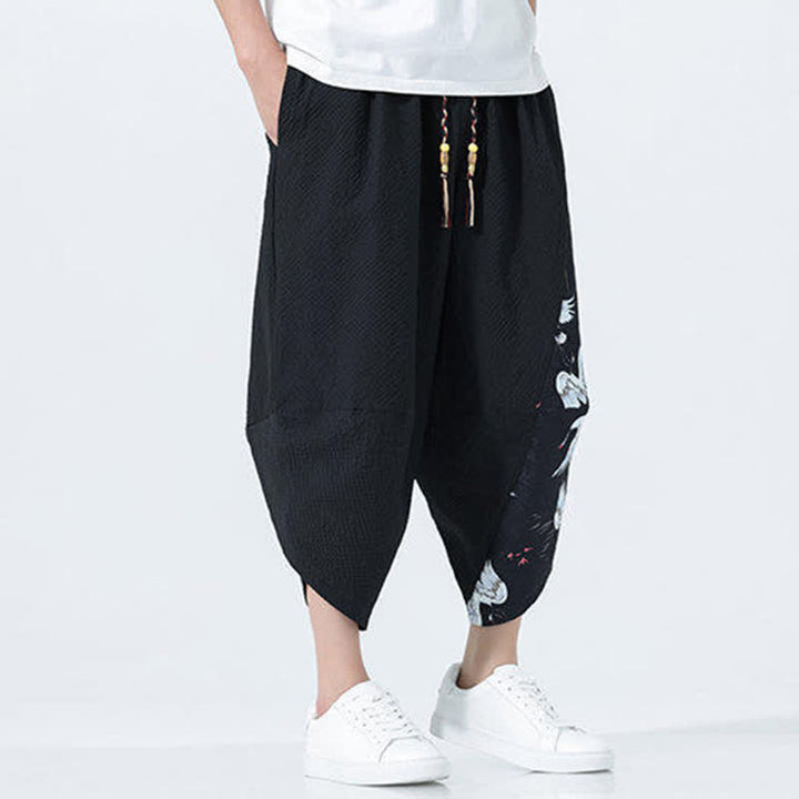 Buddha Stones Pantaloni harem da uomo estivi con coulisse, nappine e stampa gru - image 16