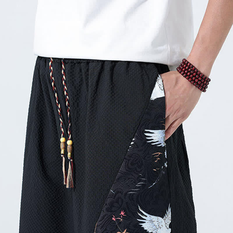 Buddha Stones Pantaloni harem da uomo estivi con coulisse, nappine e stampa gru - image 19