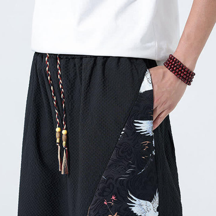 Buddha Stones Pantaloni harem da uomo estivi con coulisse, nappine e stampa gru - image 19