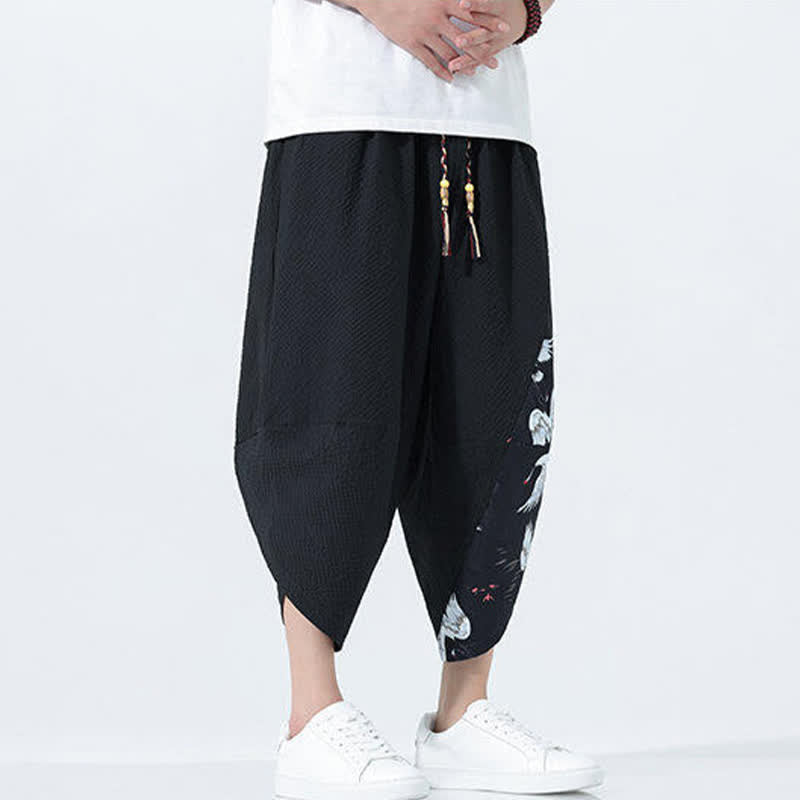 Buddha Stones Pantaloni harem da uomo estivi con coulisse, nappine e stampa gru - image 15
