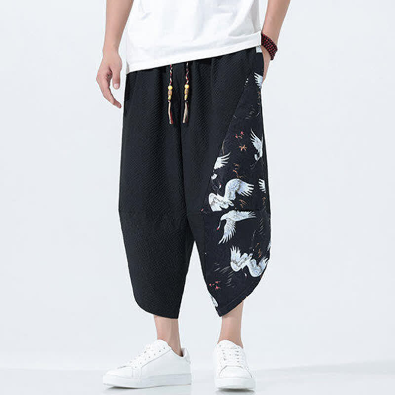 Buddha Stones Pantaloni harem da uomo estivi con coulisse, nappine e stampa gru - image 14