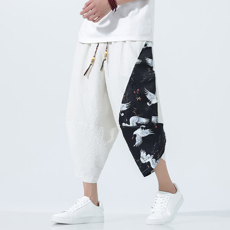 Buddha Stones Pantaloni harem da uomo estivi con coulisse, nappine e stampa gru - Bianco - US/UK/AU46, EU56 (5XL) - image 21