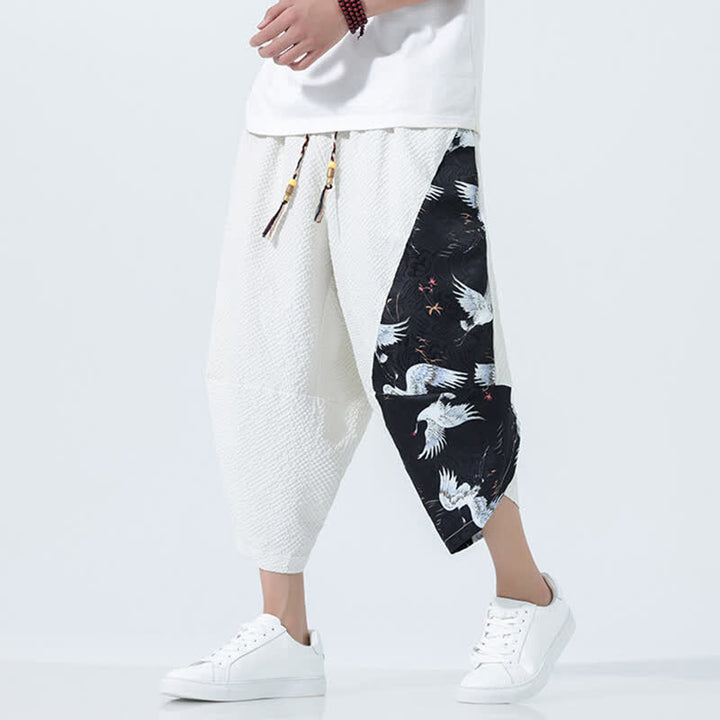 Buddha Stones Pantaloni harem da uomo estivi con coulisse, nappine e stampa gru - Bianco - US/UK/AU46, EU56 (5XL) - image 21