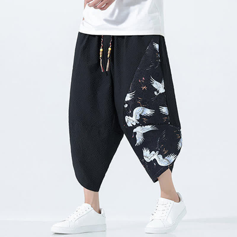 Buddha Stones Pantaloni harem da uomo estivi con coulisse, nappine e stampa gru - Nero - US/UK/AU46, EU56 (5XL) - image 8