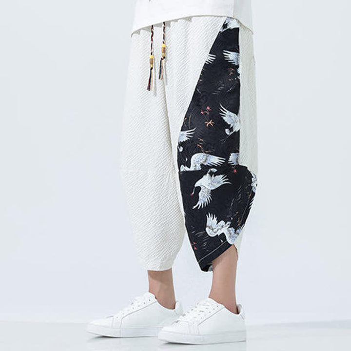 Buddha Stones Pantaloni harem da uomo estivi con coulisse, nappine e stampa gru - image 28
