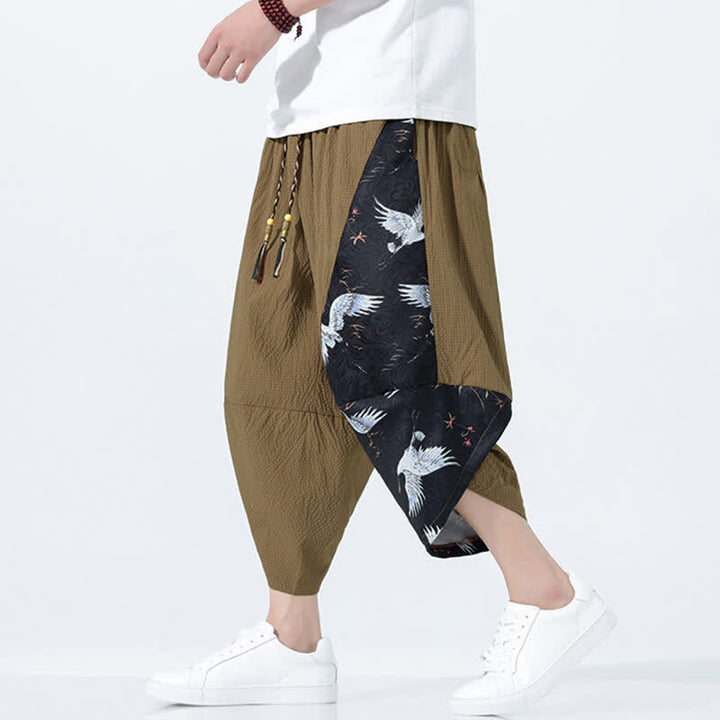 Buddha Stones Pantaloni harem da uomo estivi con coulisse, nappine e stampa gru - Marrone sella - US/UK/AU46, EU56 (5XL) - image 0