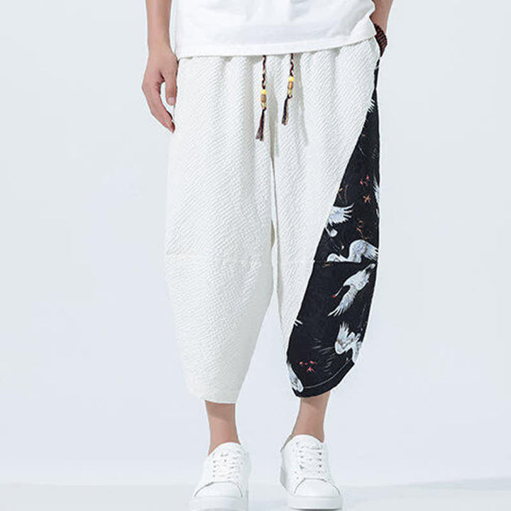 Buddha Stones Pantaloni harem da uomo estivi con coulisse, nappine e stampa gru - image 29