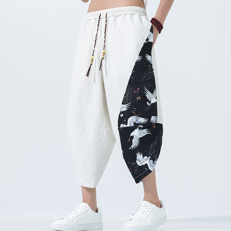 Buddha Stones Pantaloni harem da uomo estivi con coulisse, nappine e stampa gru - image 26
