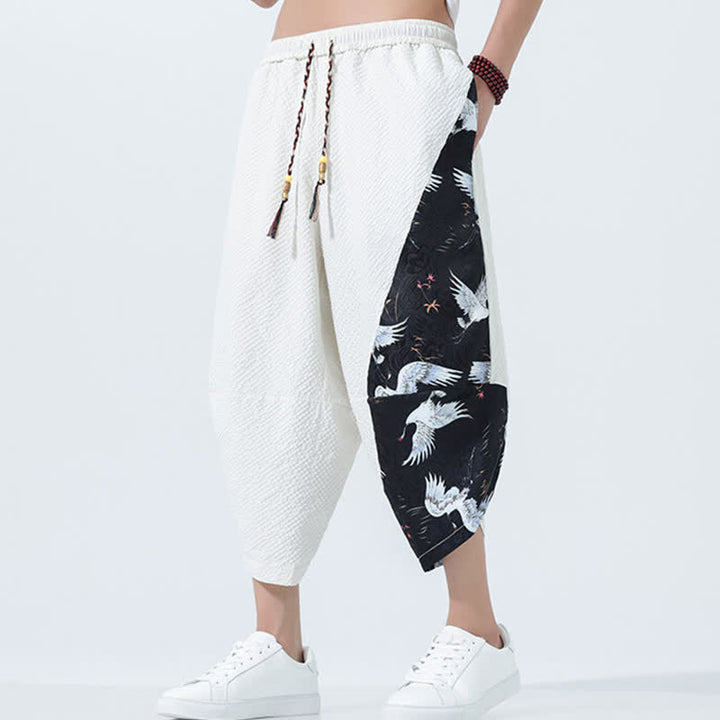 Buddha Stones Pantaloni harem da uomo estivi con coulisse, nappine e stampa gru - image 26