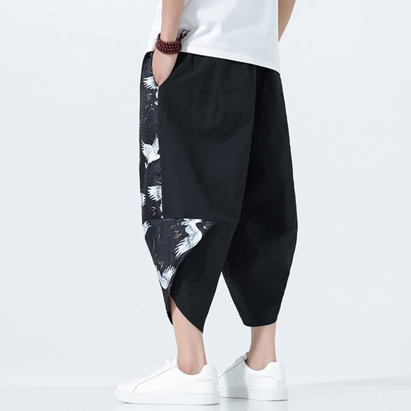 Buddha Stones Pantaloni harem da uomo estivi con coulisse, nappine e stampa gru - image 10