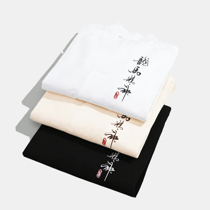 Buddha Stones T-shirt da uomo a maniche a tre quarti con colletto alla coreana, ricamo stile Tang estivo e stampa calligrafica. - image 5