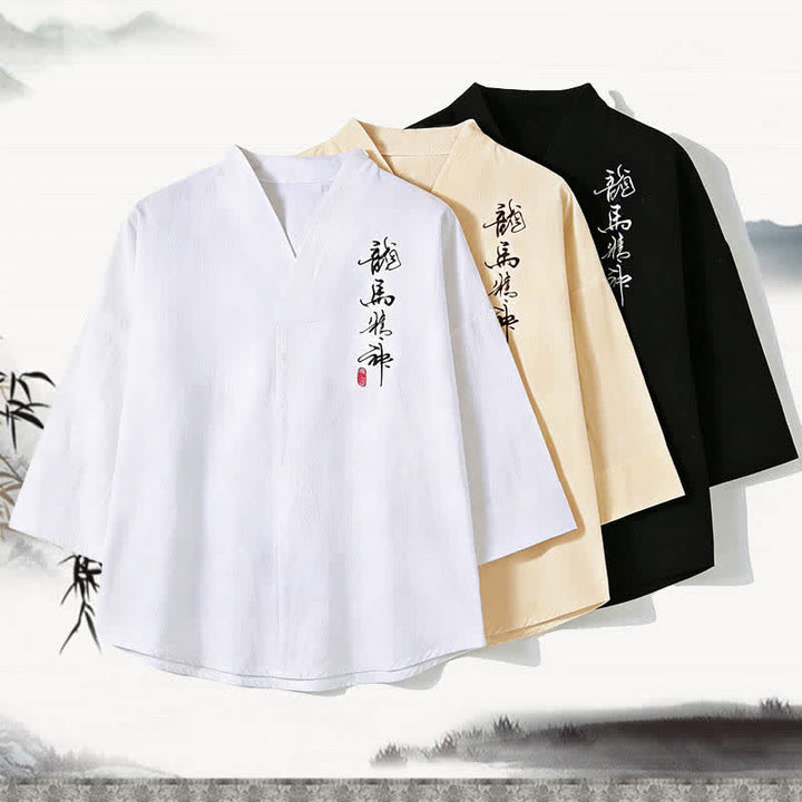 Buddha Stones T-shirt da uomo a maniche a tre quarti con colletto alla coreana, ricamo stile Tang estivo e stampa calligrafica. - image 4