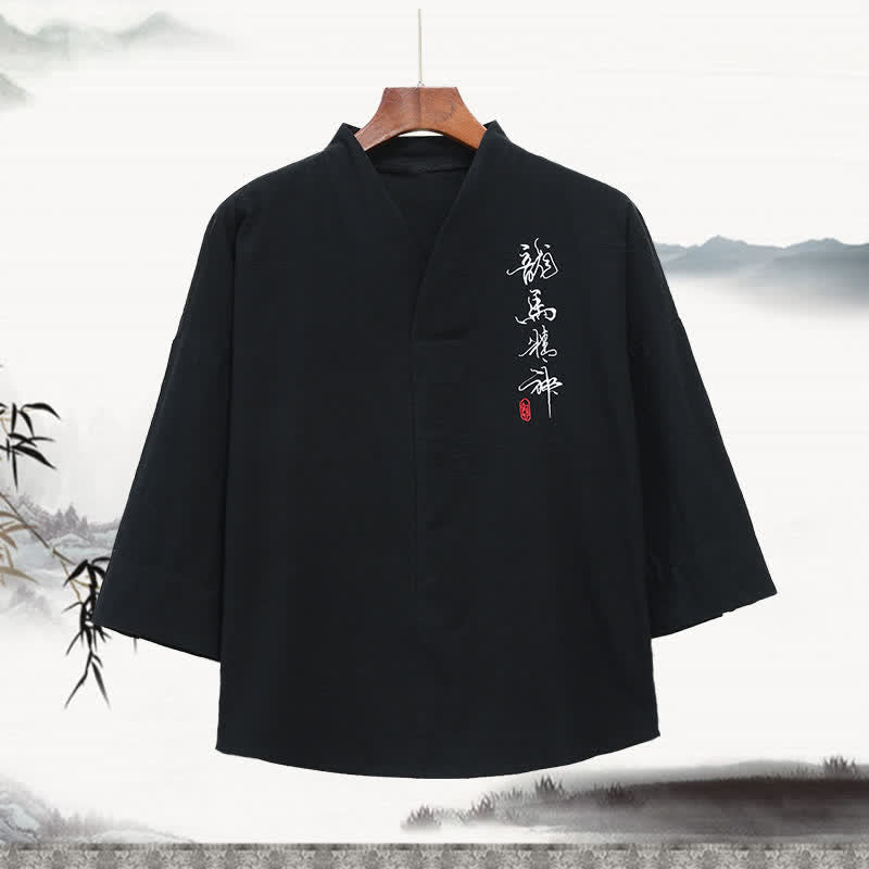 Buddha Stones T-shirt da uomo a maniche a tre quarti con colletto alla coreana, ricamo stile Tang estivo e stampa calligrafica. - Nero - US/UK/AU46, EU56 (5XL) - image 0