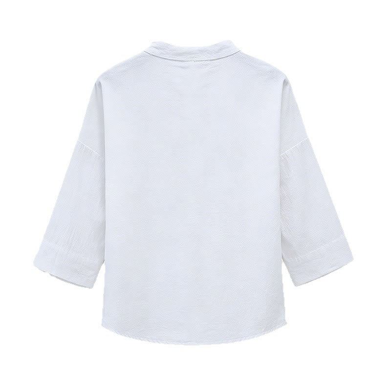 Buddha Stones T-shirt da uomo a maniche a tre quarti con colletto alla coreana, ricamo stile Tang estivo e stampa calligrafica. - image 2