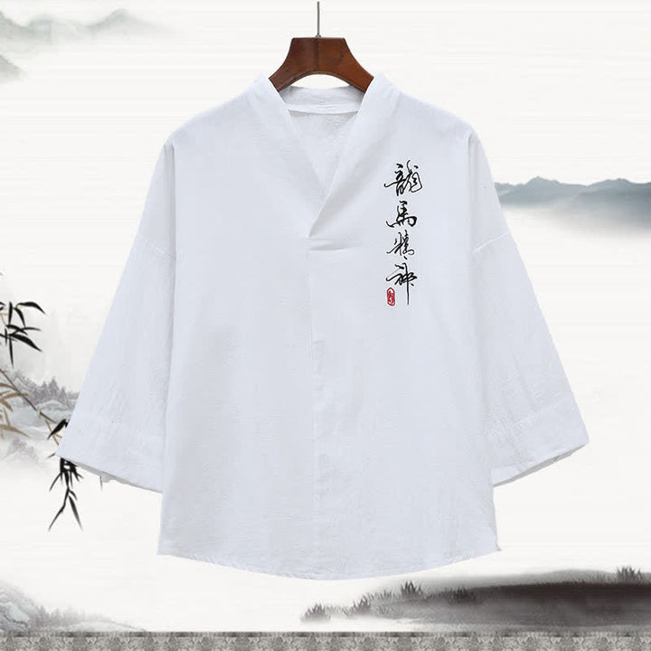 Buddha Stones T-shirt da uomo a maniche a tre quarti con colletto alla coreana, ricamo stile Tang estivo e stampa calligrafica. - Bianco - US/UK/AU46, EU56 (5XL) - image 1