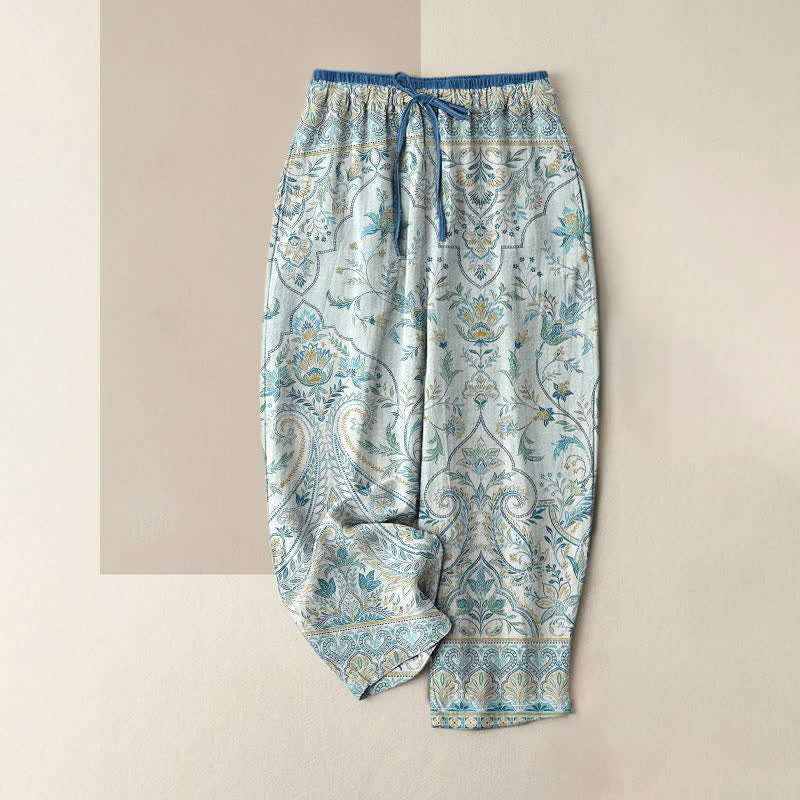 Buddha Stones Pantaloni estivi da donna in cotone con fantasia floreale paisley e vita elasticizzata, dotati di tasche. - Azzurro chiaro - US16, UK/AU20, EU48 (3XL) - image 0