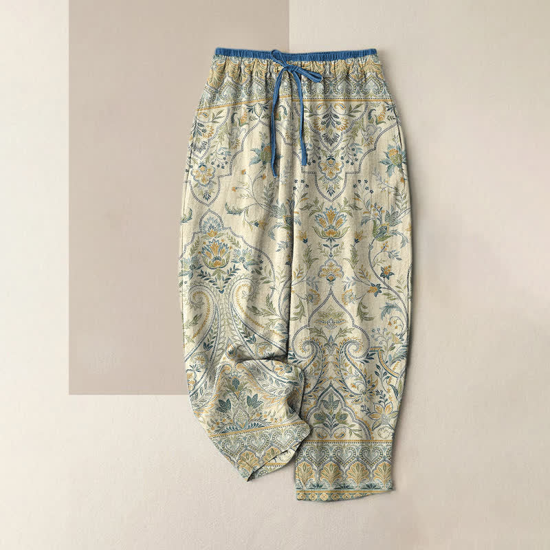 Buddha Stones Pantaloni estivi da donna in cotone con fantasia floreale paisley e vita elasticizzata, dotati di tasche. - Beige - US16, UK/AU20, EU48 (3XL) - image 3
