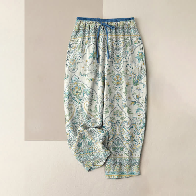 Buddha Stones Pantaloni estivi da donna in cotone con fantasia floreale paisley e vita elasticizzata, dotati di tasche. - Avorio - US16, UK/AU20, EU48 (3XL) - image 4