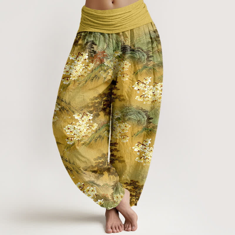 Buddha Stones Pantaloni harem da donna in puro cotone con motivo floreale acquerellato e vita elasticizzata. - Verga d'oro - US16, UK/AU20, EU48 (3XL) - image 0