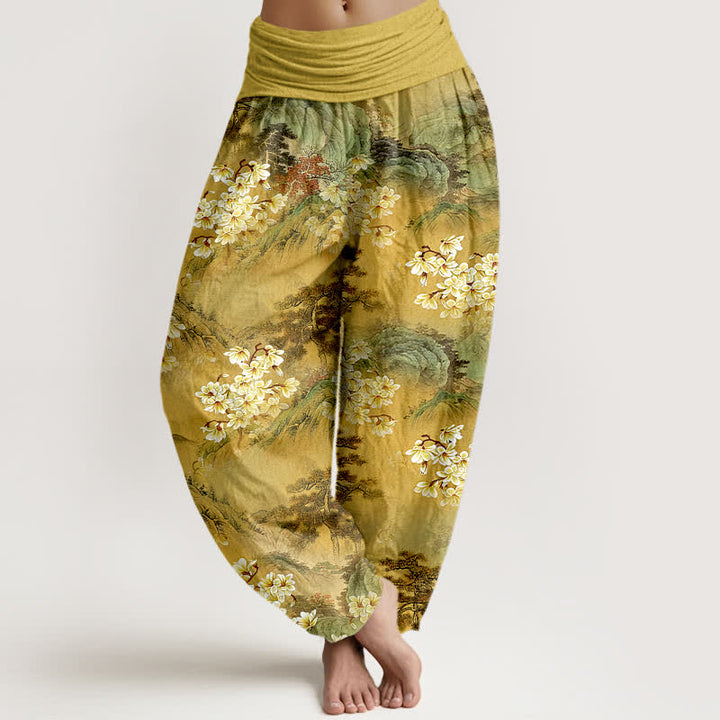 Buddha Stones Pantaloni harem da donna in puro cotone con motivo floreale acquerellato e vita elasticizzata. - Verga d'oro - US16, UK/AU20, EU48 (3XL) - image 0