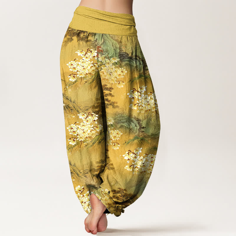 Buddha Stones Pantaloni harem da donna in puro cotone con motivo floreale acquerellato e vita elasticizzata. - image 1