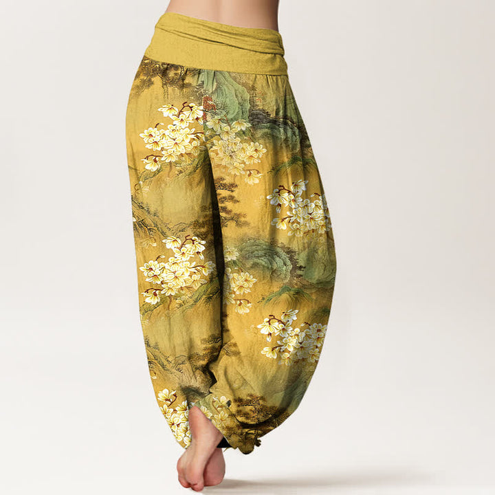 Buddha Stones Pantaloni harem da donna in puro cotone con motivo floreale acquerellato e vita elasticizzata. - image 1