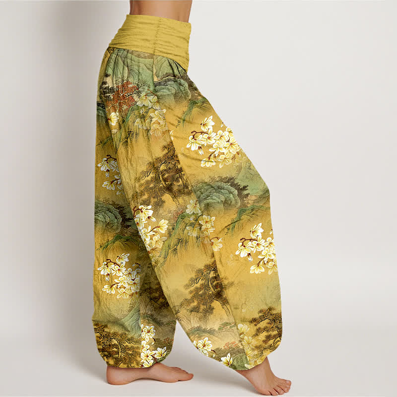 Buddha Stones Pantaloni harem da donna in puro cotone con motivo floreale acquerellato e vita elasticizzata. - image 2