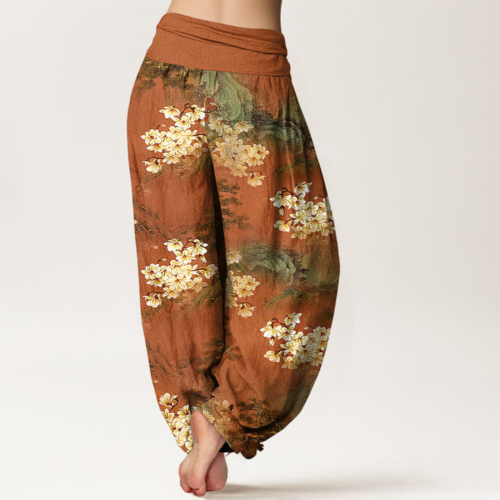 Buddha Stones Pantaloni harem da donna in puro cotone con motivo floreale acquerellato e vita elasticizzata. - image 6