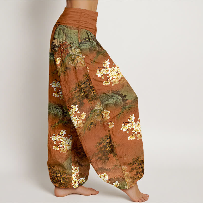 Buddha Stones Pantaloni harem da donna in puro cotone con motivo floreale acquerellato e vita elasticizzata. - image 7