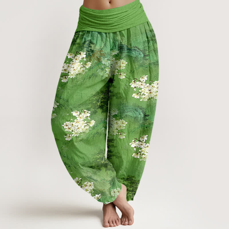 Buddha Stones Pantaloni harem da donna in puro cotone con motivo floreale acquerellato e vita elasticizzata. - Verde medio del mare - US16, UK/AU20, EU48 (3XL) - image 8