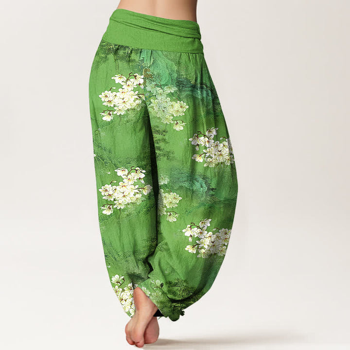 Buddha Stones Pantaloni harem da donna in puro cotone con motivo floreale acquerellato e vita elasticizzata. - image 9