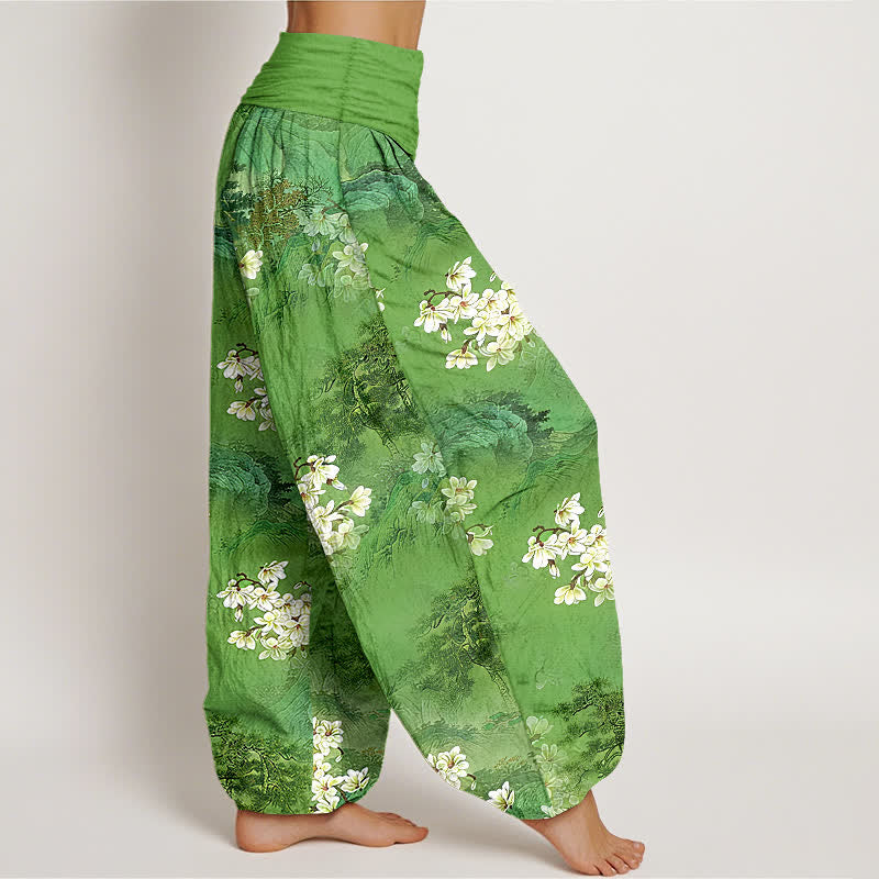 Buddha Stones Pantaloni harem da donna in puro cotone con motivo floreale acquerellato e vita elasticizzata. - image 10