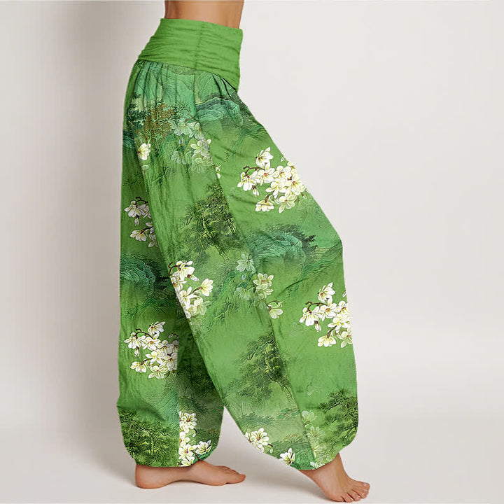 Buddha Stones Pantaloni harem da donna in puro cotone con motivo floreale acquerellato e vita elasticizzata. - image 10