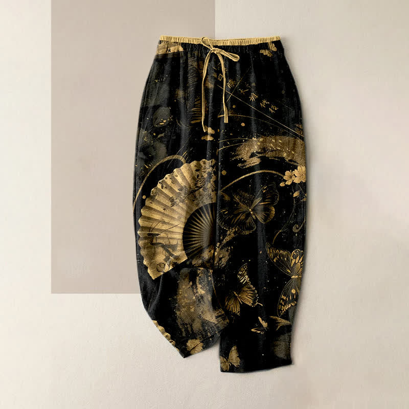 Buddha Stones Pantaloni da donna con elastico in vita e tasche, fantasia floreale a ventaglio con farfalle in lamina d'oro. - Nero - US16, UK/AU20, EU48 (3XL) - image 0