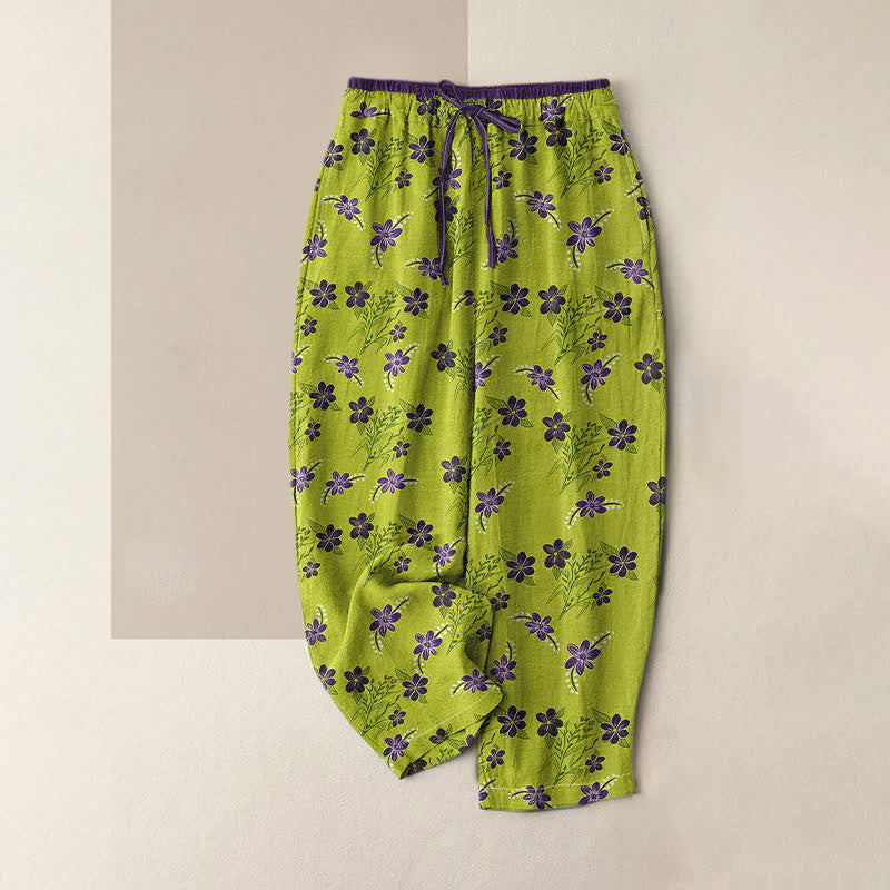 Buddha Stones Pantaloni da donna in puro cotone con elastico in vita e tasche, fantasia floreale viola a foglie, con motivo a foglie. - GialloVerde - US16, UK/AU20, EU48 (3XL) - image 0
