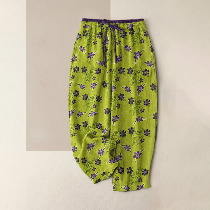 Buddha Stones Pantaloni da donna in puro cotone con elastico in vita e tasche, fantasia floreale viola a foglie, con motivo a foglie. - GialloVerde - US16, UK/AU20, EU48 (3XL) - image 0